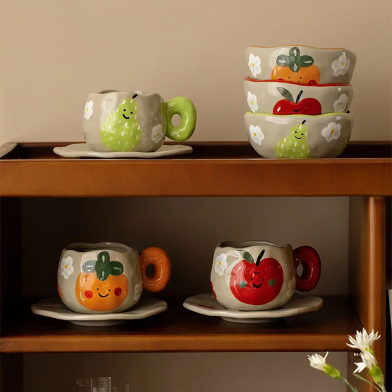 Wholesale 300ml Creative Handmade Ceramic Coffee Cup with Saucer Set Hand-painted Pottery Mugs Set for Afternoon Tea