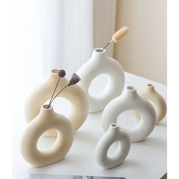 Beige White Ceramic Vase Set 2 for Modern Home Decor Boho Round Matte Vase for Farmhouse Wedding Party Living Room Office Decor