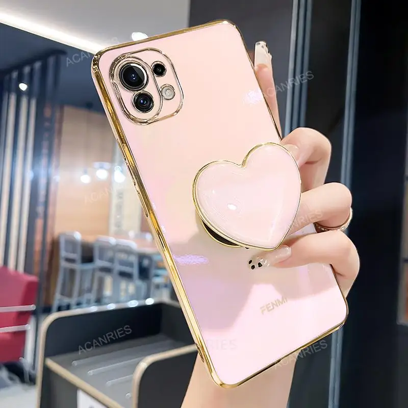 Phone Case On For Xiaomi redmi note 9 8 7 pro 9s note9 s note8 2021 Plating Love Heart Fold Holder Luxury Stand Silicone Cover