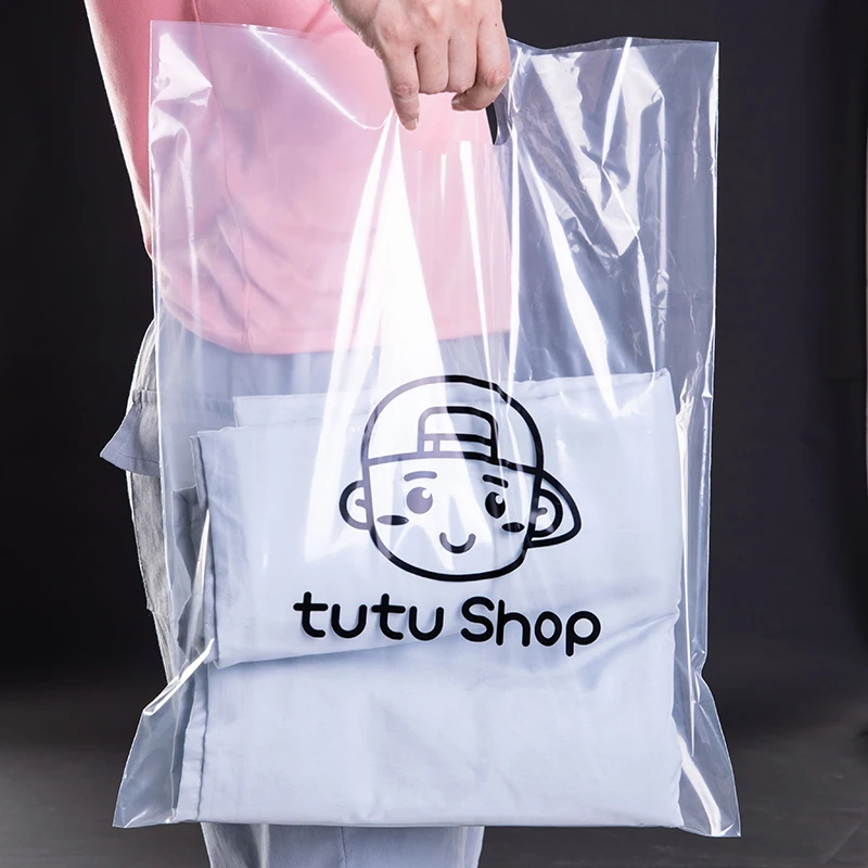 Clear Transparent Merchandise Plastic Bags Logo With Die Cut Handles Bulk Retail gift Bags Printed shopping bags