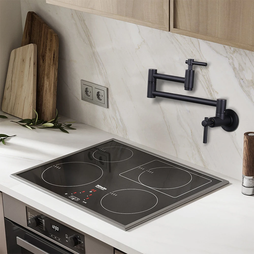 Black Brass Kitchen Faucet Folding Double Joint Swing Arm Wall Mounted Kitchen Pot Filler Faucet