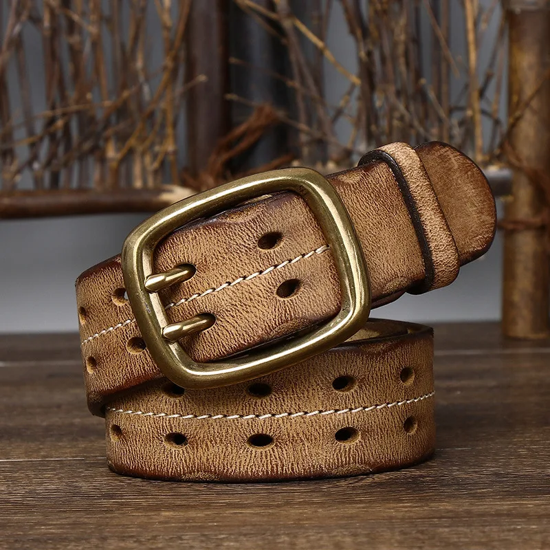 New retro personality trend to do old double buckle belt male leather pure cowhide Korean casual denim beltd