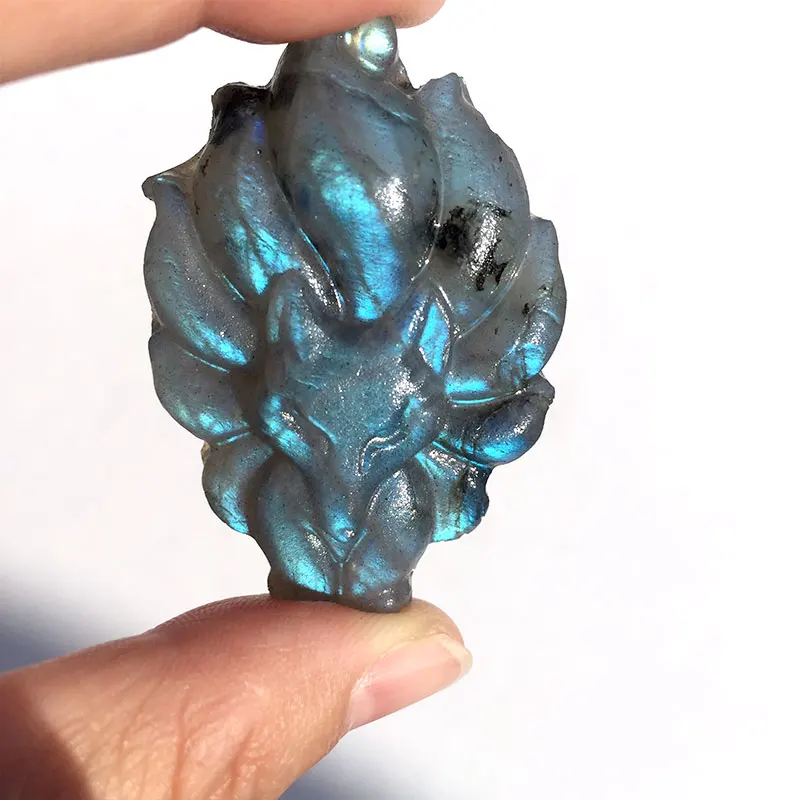 Оптовая продажа, Редкий Натуральный красивый лабрадорит, подвеска в виде лисы с девятью хвостами, резьба по лунному камню