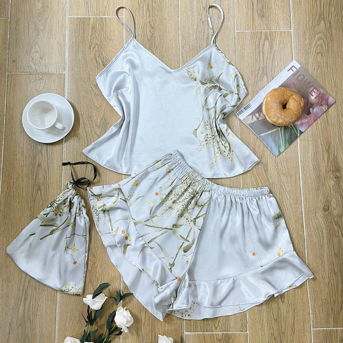 DEBELA Sexy suspender pajama suit wholesale fashion print leisure wear sleepwear 2 pieces set for ladies satin pajamas