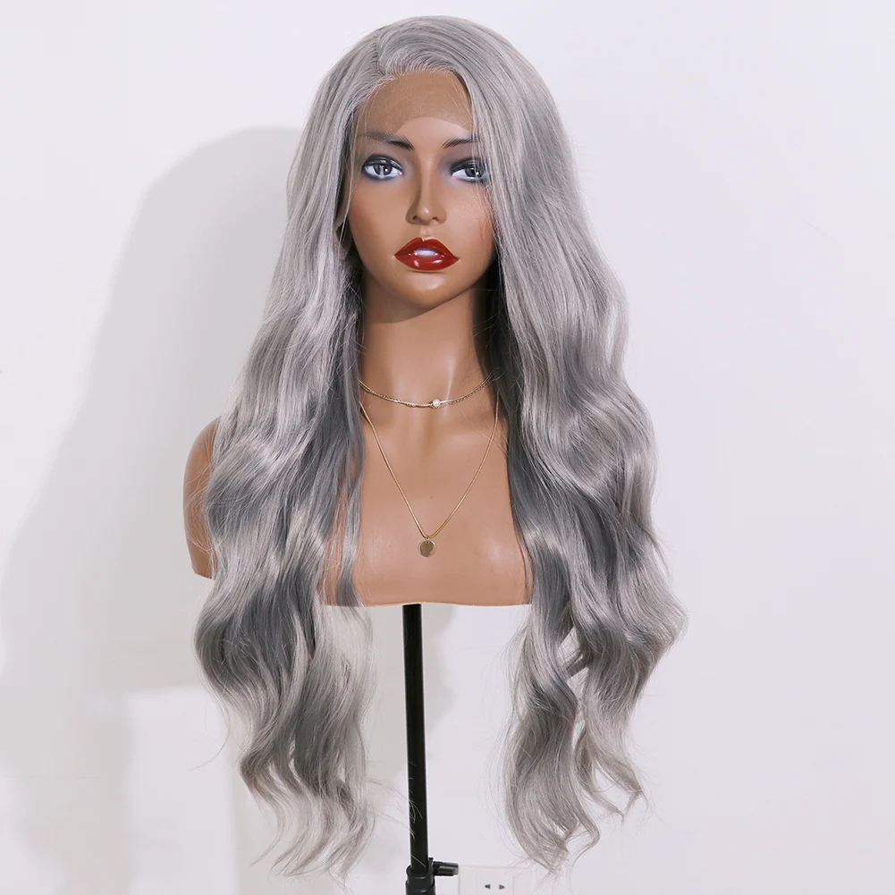  Серый синтетический парик на сетке с длинной волной прозрачный спереди гребнем фронтальный Серебряный мягкий высокое качество