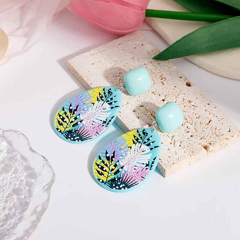 New Arrival Top Selling Trendy Creative Simple Colorful Cartoon Flower Patterns Colorant Match Resin Ring Personality Earrings
