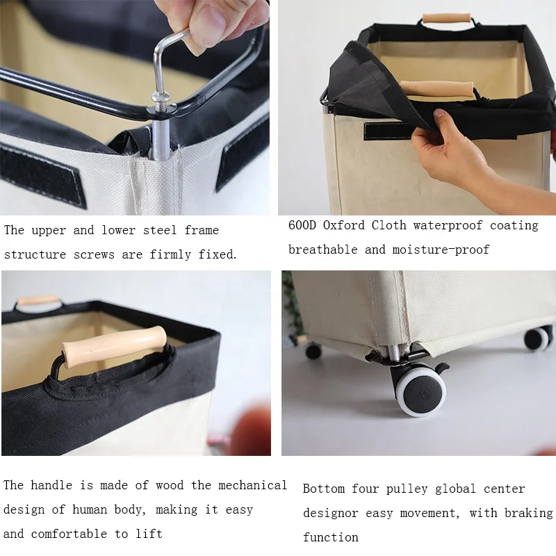 Laundry Basket With wheels Large disassembly Laundry Hampers with Wooden Handles Metal frame 	 home storage & organization