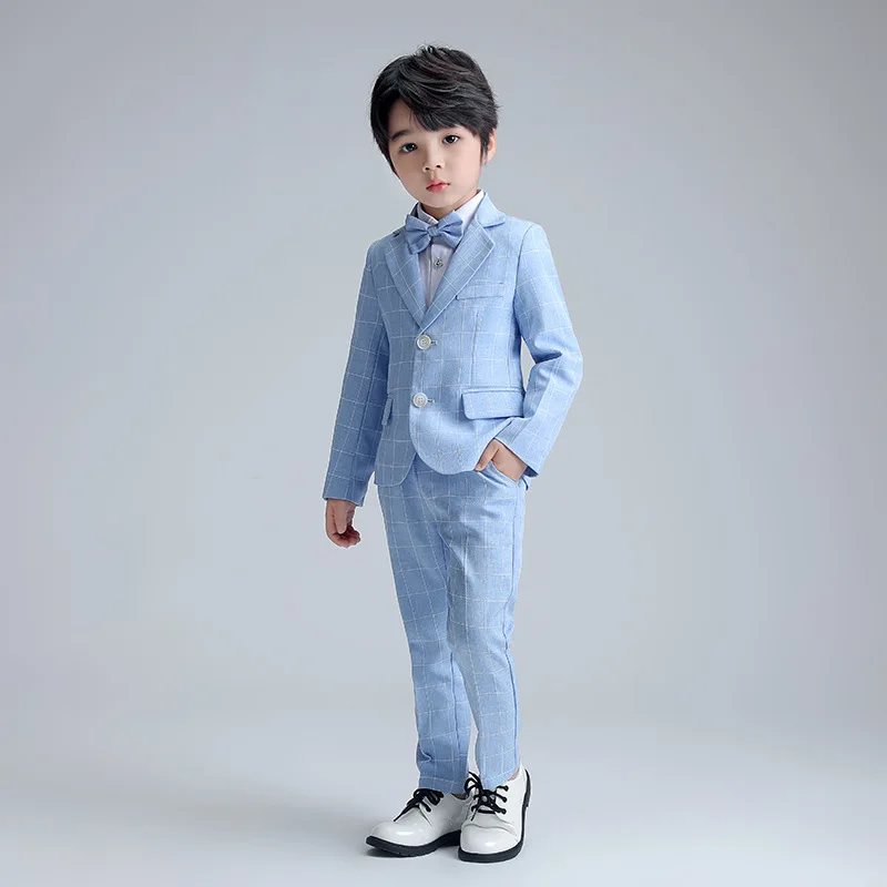 2024 Kids Boys Formal Suit Long Sleeve Grey Blue Plaid Tuxedo Set Gentleman Children Birthday Wedding Party Suits Boy Outfits