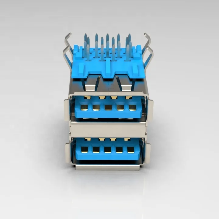 Hot Sale USB3.0 Female Double Connector  90 degree DIP 9 pin Free Sample 90 Degree DIP Plug-in USB 3.0 Type A Female Socket
