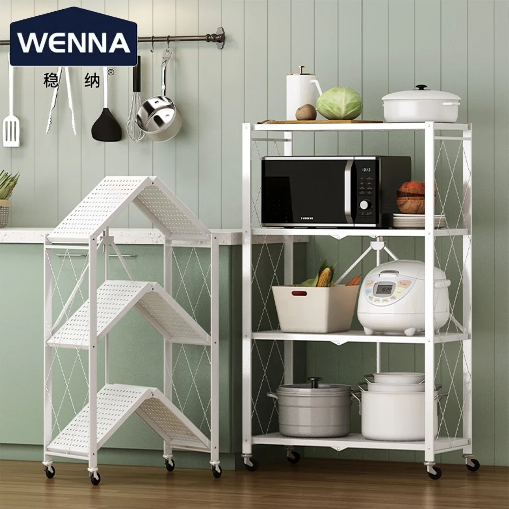 Black Metal Steel Collapsible Shelving Organizer Wire Rack Foldable Kitchen Storage Unit On Caster Wheels