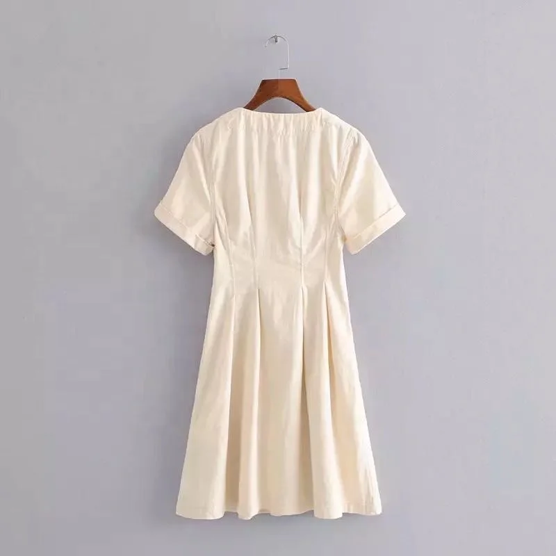 
100% Linen Women Side Split Beige Buttoned Long Casual Dress 