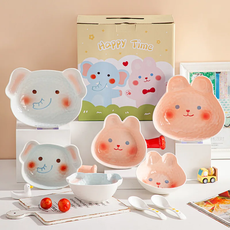 ZC kids dinnerware creative rabbit dinning table set cute Elephant Dinner set child Dishes handle bowl spoon plate 4pcs gift set