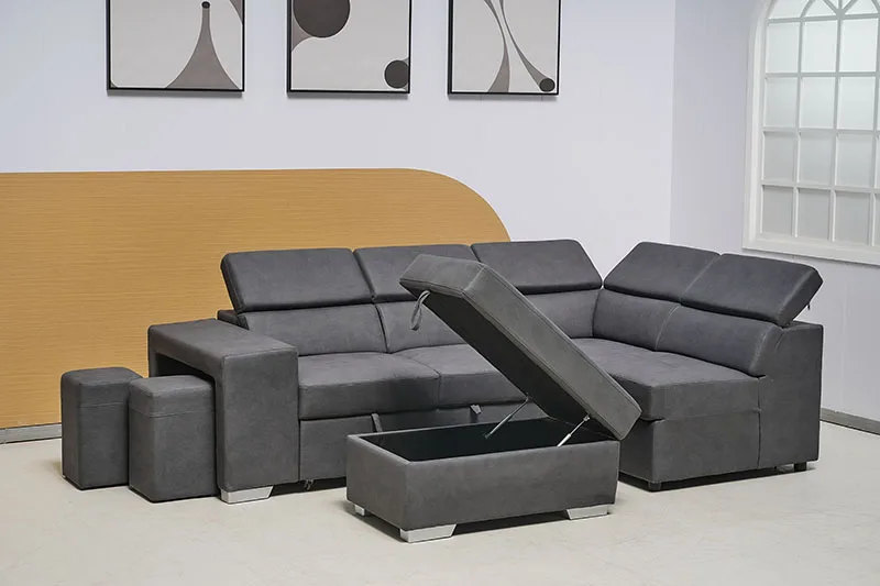 Modern Sleeper Couch Corner Sofa Bed Cream Color Microfiber Fabric Cheap Sofa Bed Pull Out Space Saving L Shape Sofa Bed