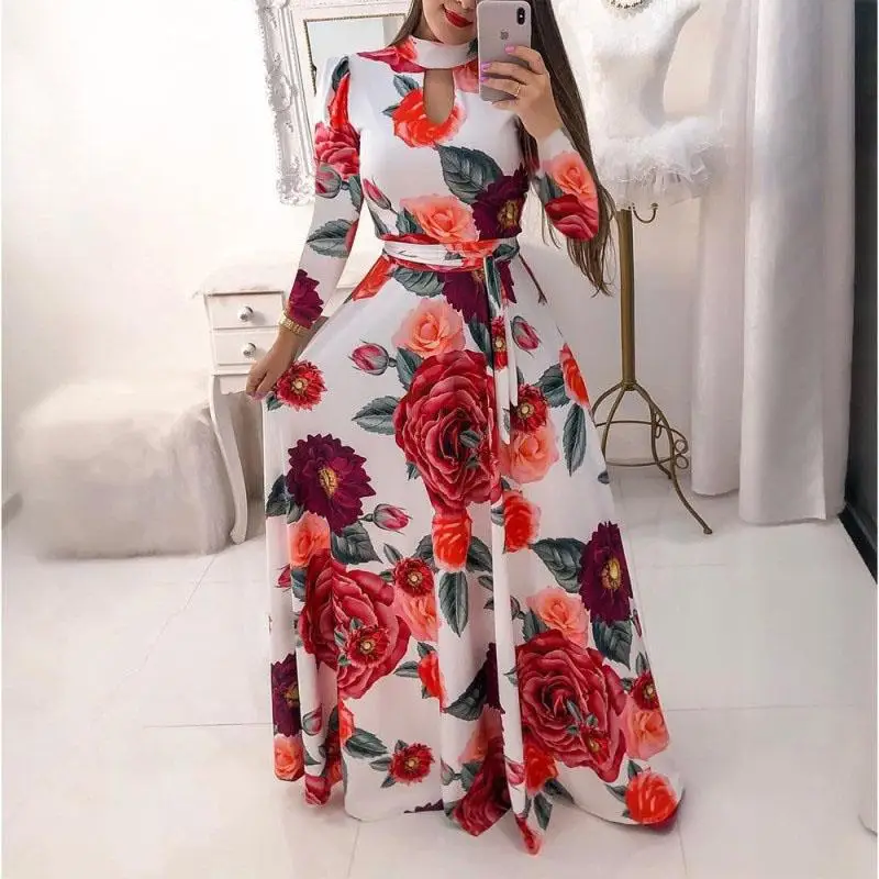 CYX004 Autumn New Design Long Sleeve Floral Print High Collar Women Beach Maxi Long Casual Dresses