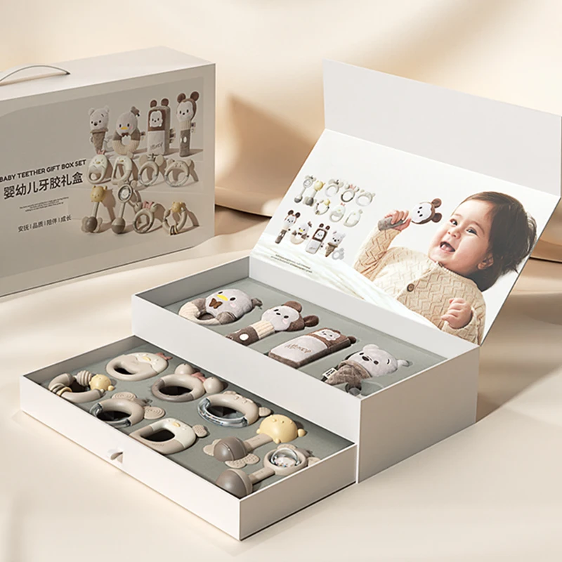 Innovative Cartoon ABS Silicone Gift Box Babies Toy Pacifier Bell Rattles Rustle Teething Custom Teether Toy for Baby