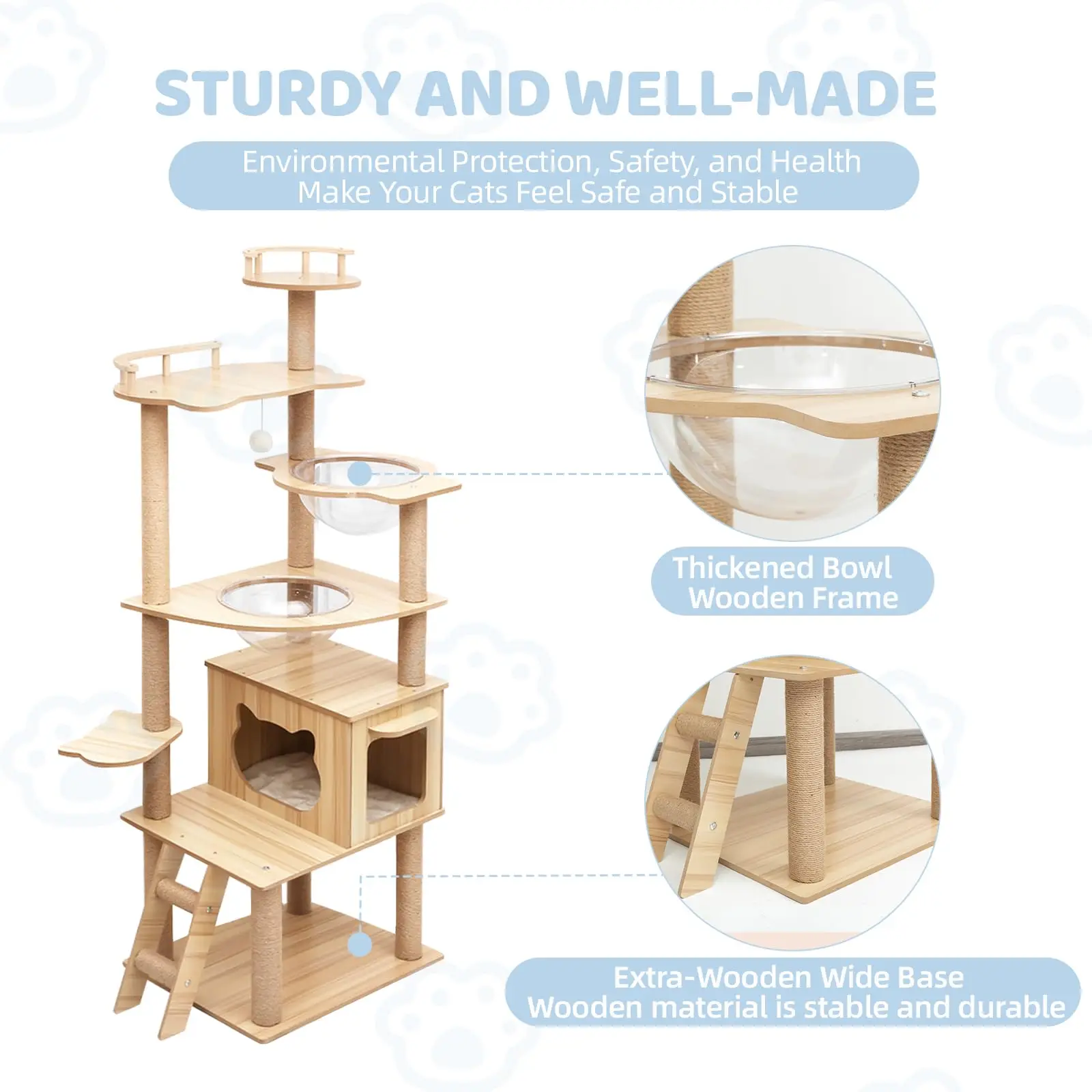 65-Inch Wooden Cat Tree Tower for Indoor Cats Large Nest with Scratching Posts Perches Caves Wool Space Capsule