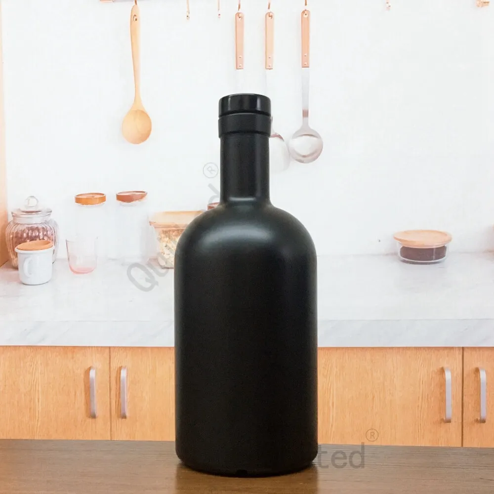 Matte Black 200ml 375ml 500ml 750ml Round Flint Glass Liquor Wine Bottle Gin Whisky Vodka Tequila Glass Bottle With Cork Lid