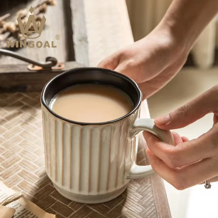 wholesale American vintage striped mug Variable glaze household ceramic milk mug large volume breakfast mug Gift cups