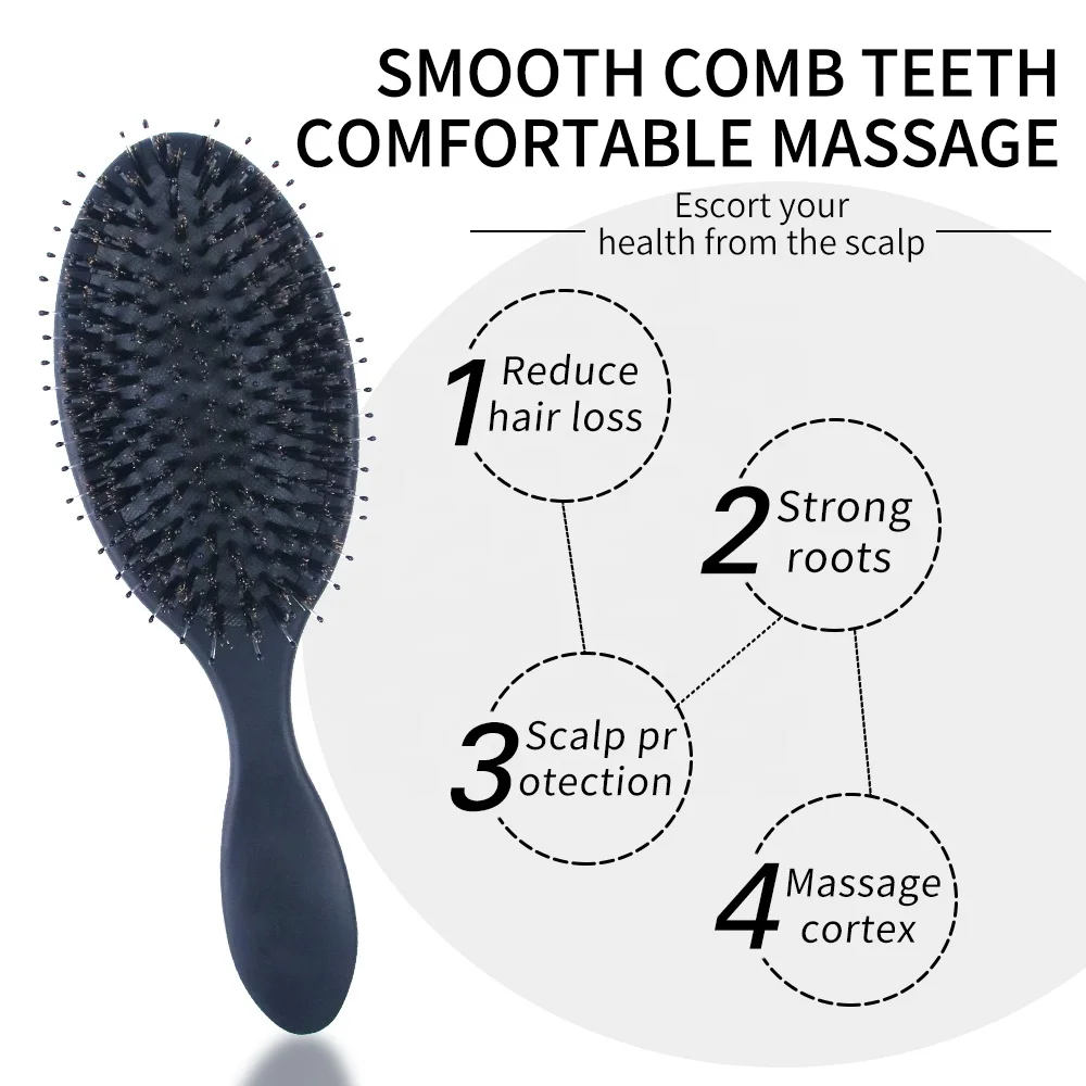 Custom Black Women Hair Care Brush Massager Soft Cushion Nylon Bristles Wet Salon Round Hair Brush