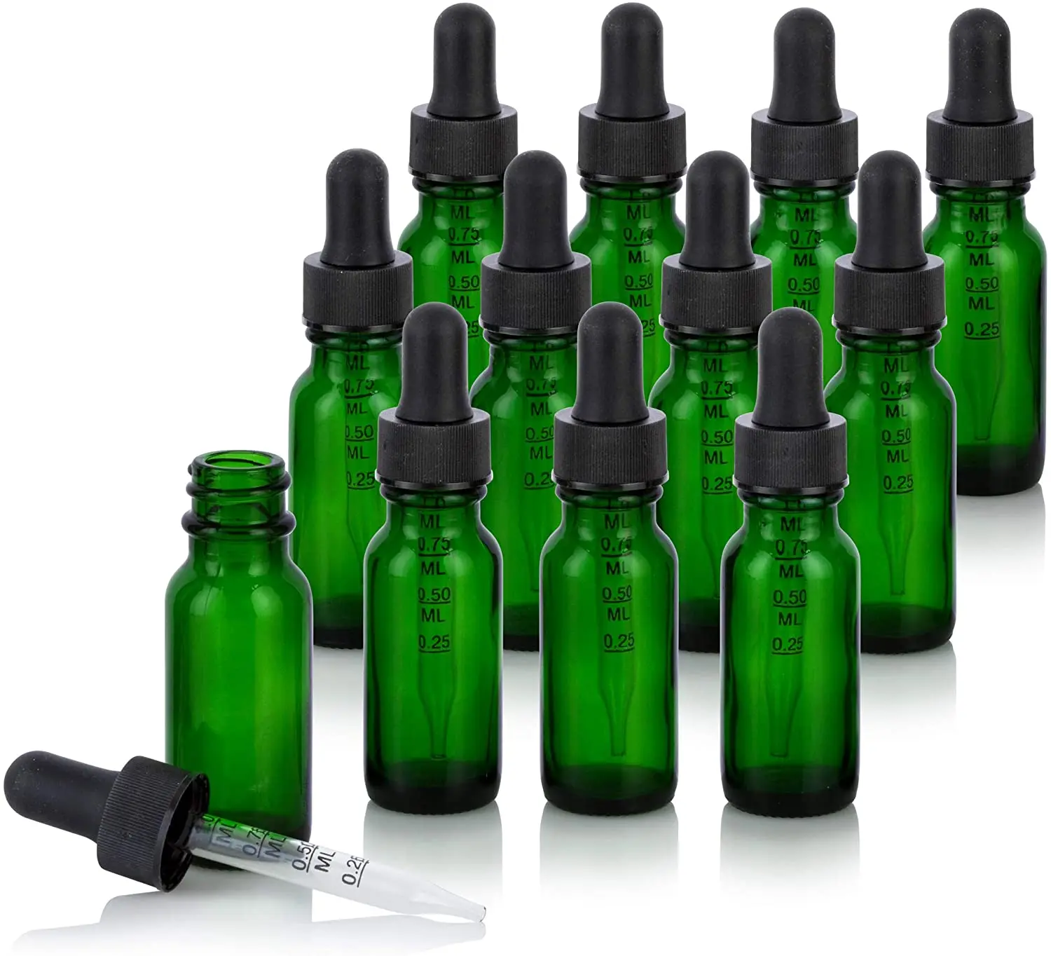 15 ml / 0.50 oz Green Glass Boston Round Graduated Measurement Glass Dropper Bottle  + Funnel for essential oils,