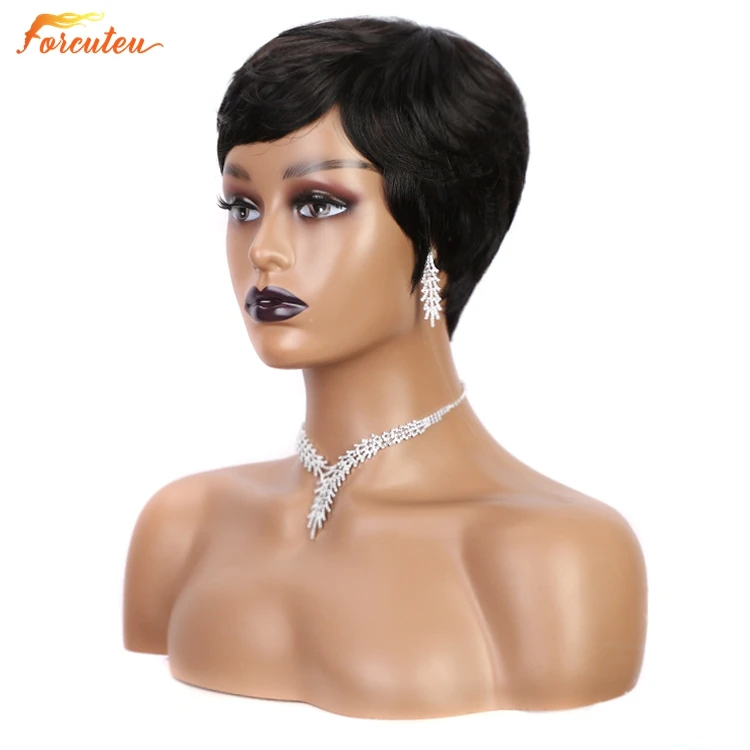 Forcuteu Wholesale Perruque Raw Indian Brazilian Cuticle Aligned Virgin Pixie Cut Short Bangs Machine Made Human Hair Wig