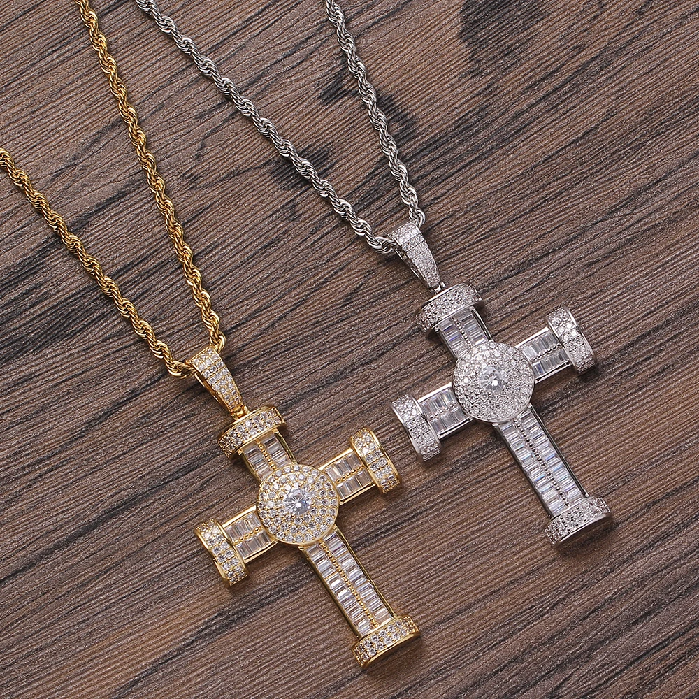 Hip Hop CZ Baguette Cross Disc Charm Necklace Pendant Gold Plated Brass Metal Iced Out Cross 2 Layers Zircon Diamonds Pendant