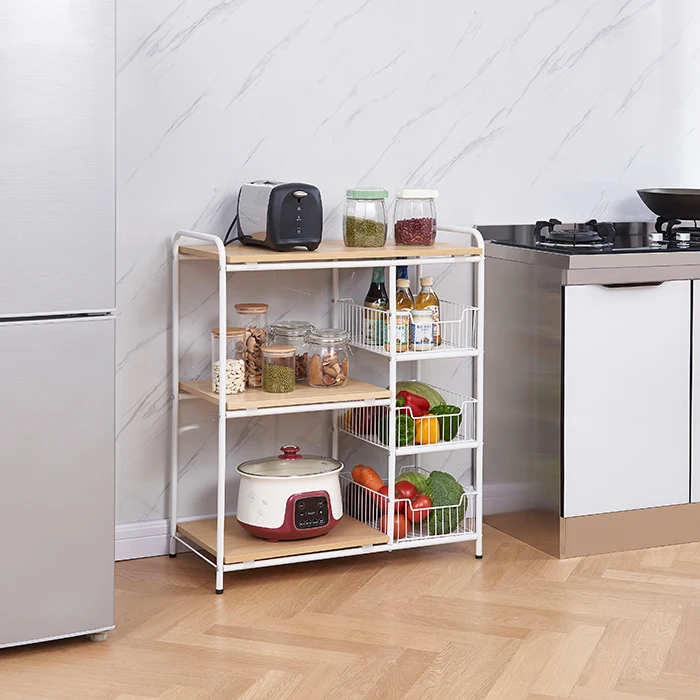 Kitchen Baker Rack With 4 Shelves,Wood Shelf With Wire Basket,Microwave Oven Stand For Spices Kitchen Baker Rack