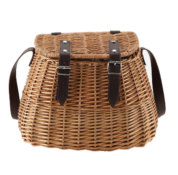 Carrying Basket with Lid and Shoulder Strap Wicker Picnic Fishing Creel Basket
