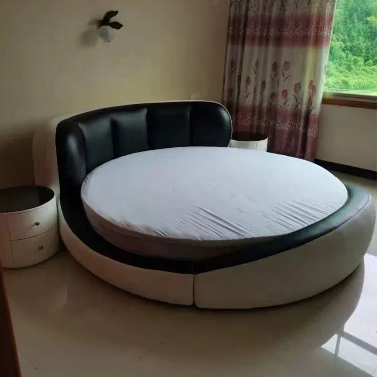 New Multifunction Bedroom Design Media King Size Tufted Button Round Smart Leather Round Bed