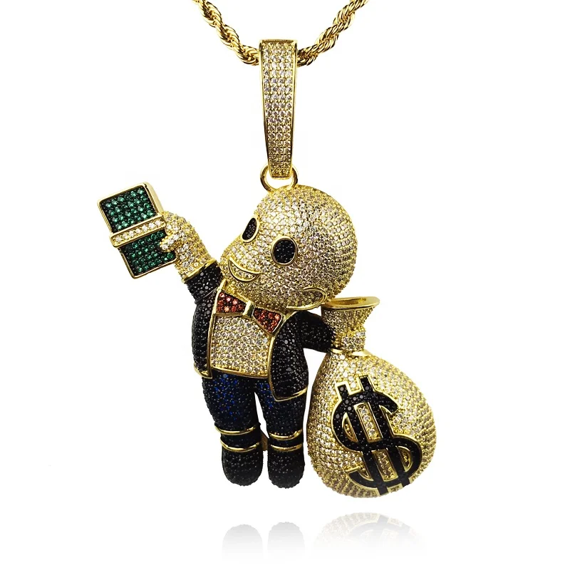 
Blues RTS 14k Gold Plated Copper Zircon Cartoon Kid Holding US Dollar Money Bag Pendant 