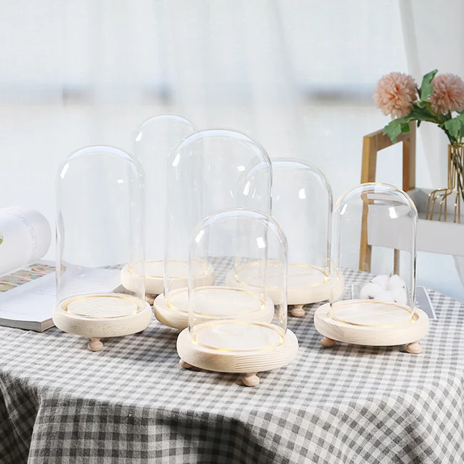 Wedding decor valentine gifts Custom Large Small Bell Glass Cloche with lights glass bell dome jar with LED light wooden base