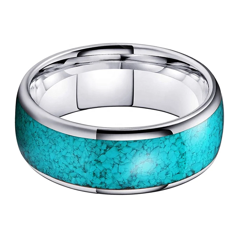 Coolstyle Jewelry Wholesale 8mm Tungsten Ring for Men Women Crushed Turquoise Inlay Fashion Jewelry Engagement Wedding Band