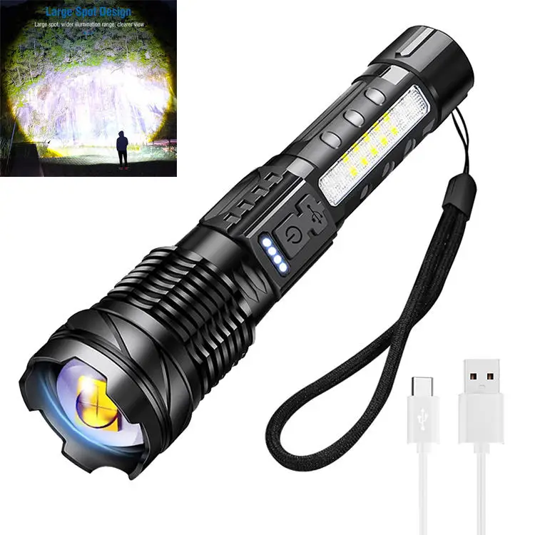 20000 Lumen High Power Flashlight Side LED Red Light Work Lights Zoom Zoom Focus Rechargeable Hand Torch with Power Display
