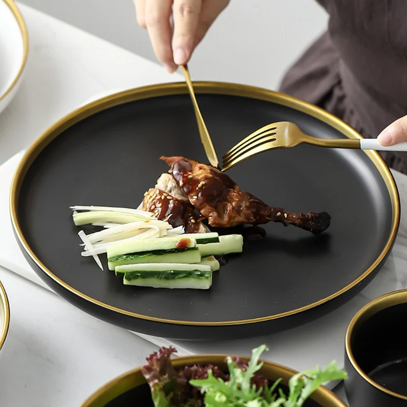 Wholesale Luxury Matte Ceramic Gold Rim Black And White Nordic Style Dinner Sets Bowls Dinner Plate