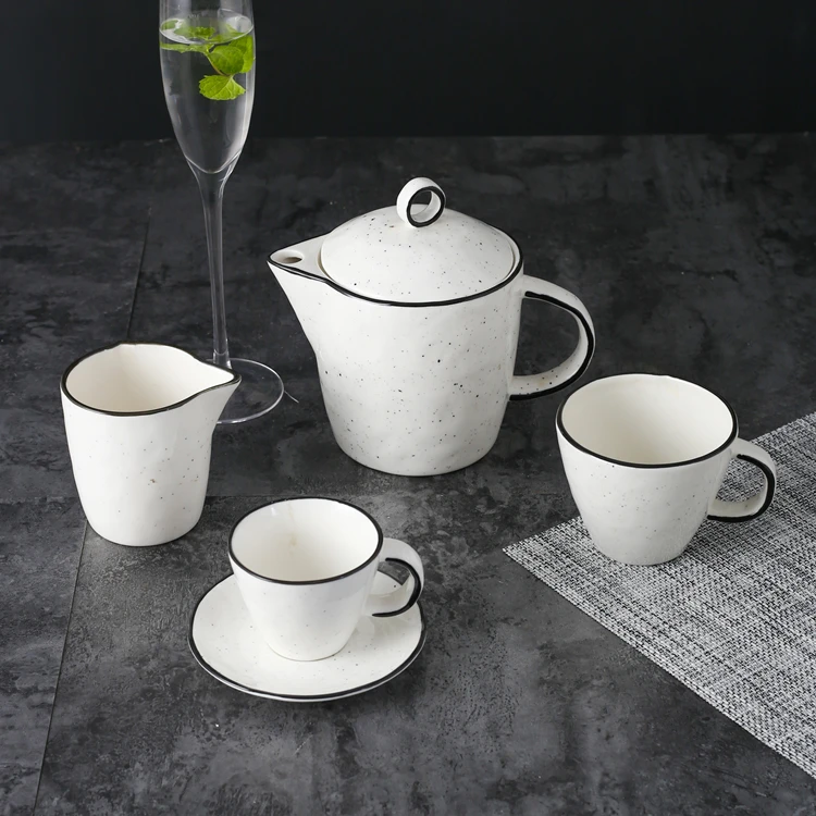 Pourpular design black line hand painted antique japanese porcelain coffee set white reactive glaze ceramic tea cup sets