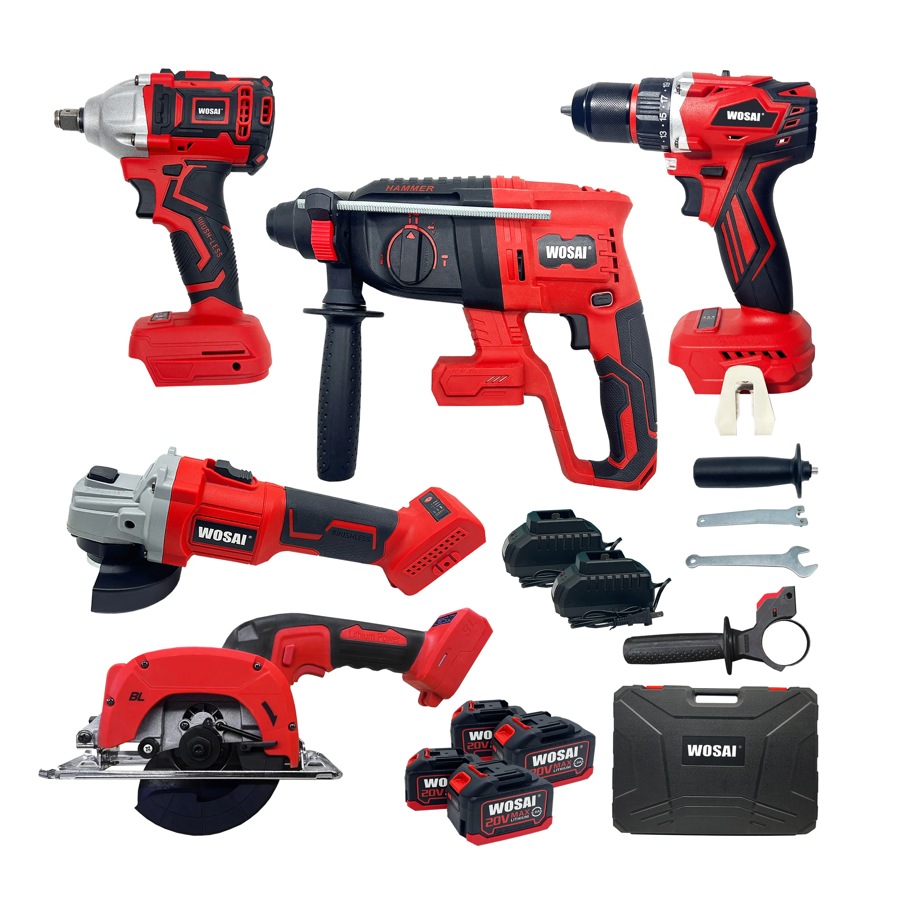 WOSAI Power Tool Kit 20v Professional Cordless Brushless Hammer Drill Wrench Trimmer Blower Power Tools Combo Set Kit