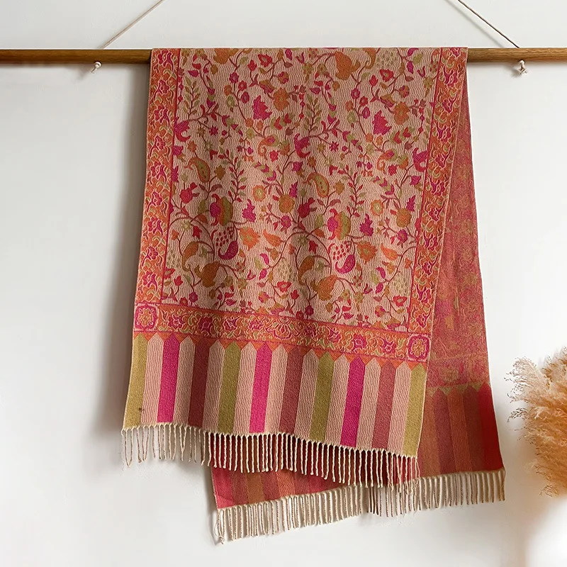 Winter Jacquard Paisley Ethnic Styles Vintage Cashmere Pashmina Long Double Sided Shawl Wrap Tassels Scarf