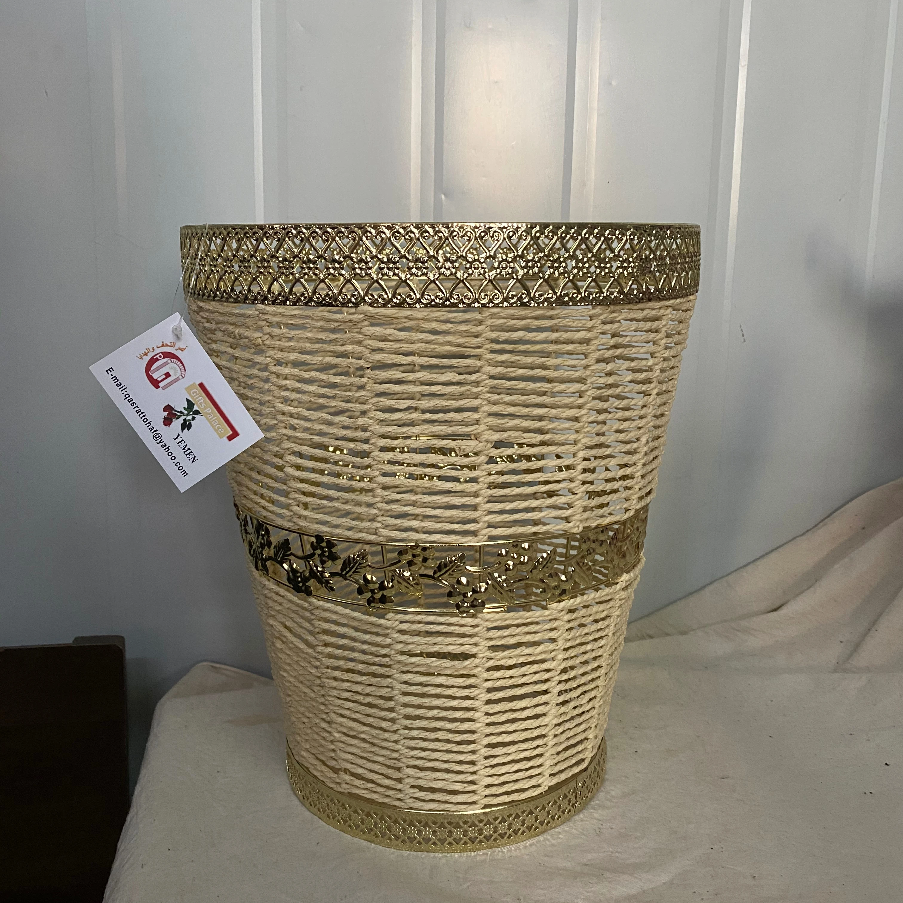 Hot Sale Handmade Storage Basket Eco-Friendly Multifunction Plastic Straw Garage Woven Colorful Paper Rope Metal Rubbish
