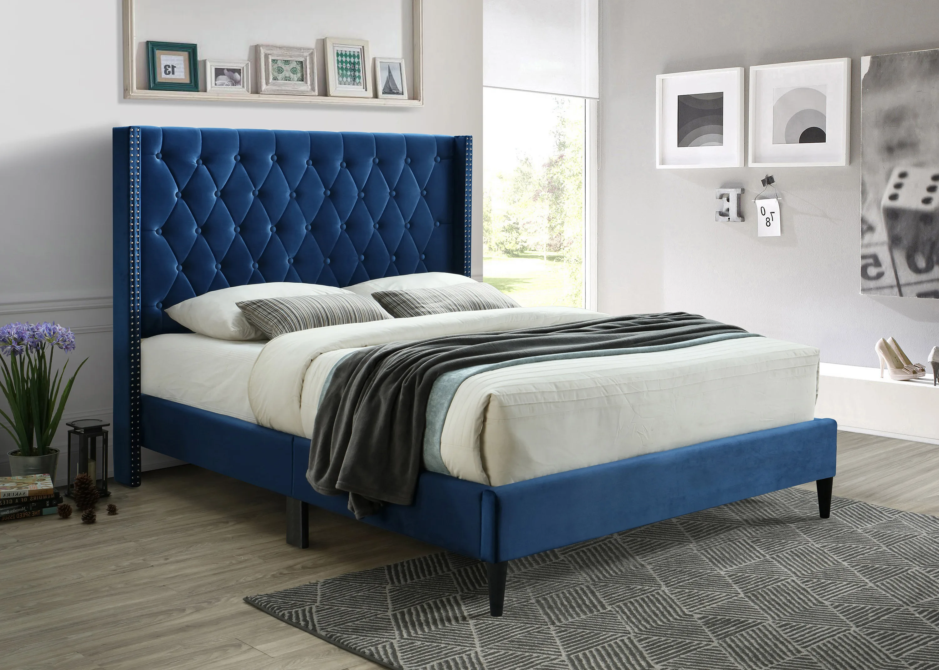 New Trending Design Amelia Premium Upholstered Bed With Buttons And Studding In Velvet Upholstery Material Blue Queen Size Bed