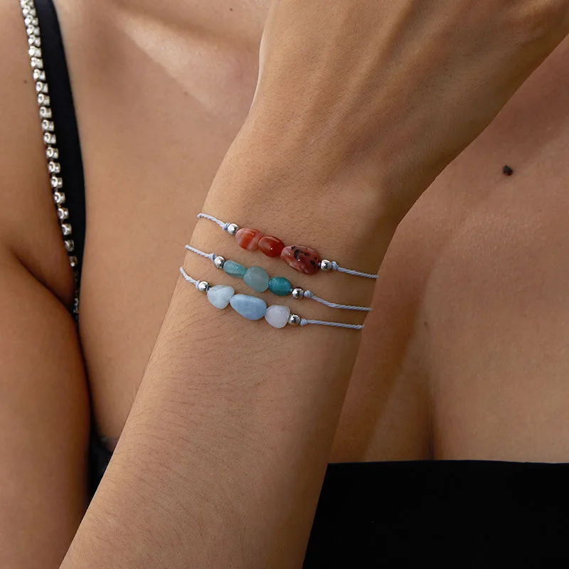 Irregular 12 Months Birthstone Bracelet Creative Handwoven Design with 3 Natural Stones, Adjustable Handmade Bracelet Bracelet