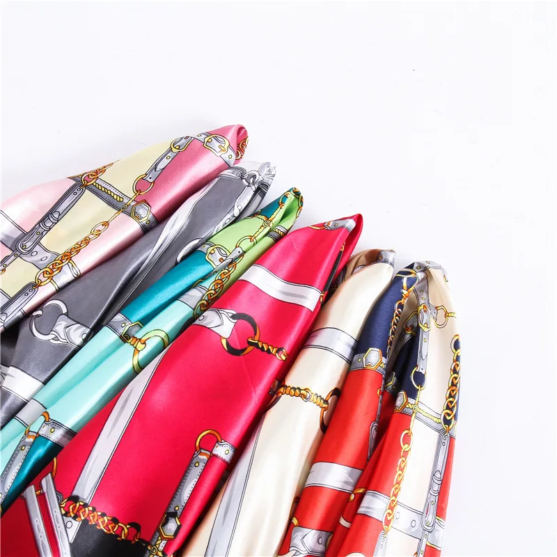 Yucat 90X90cm Wholesale Fashion Women Hair bands Custom Plaid Chain Square Satin Silk Scarf For Girls