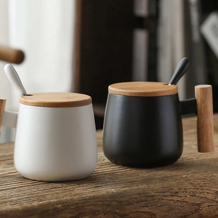 Creative Wooden Bamboo Handle Ceramic Coffee Mug Set Milk Cup Office Home Business Gift Wholesale Ceramic Cup Mug