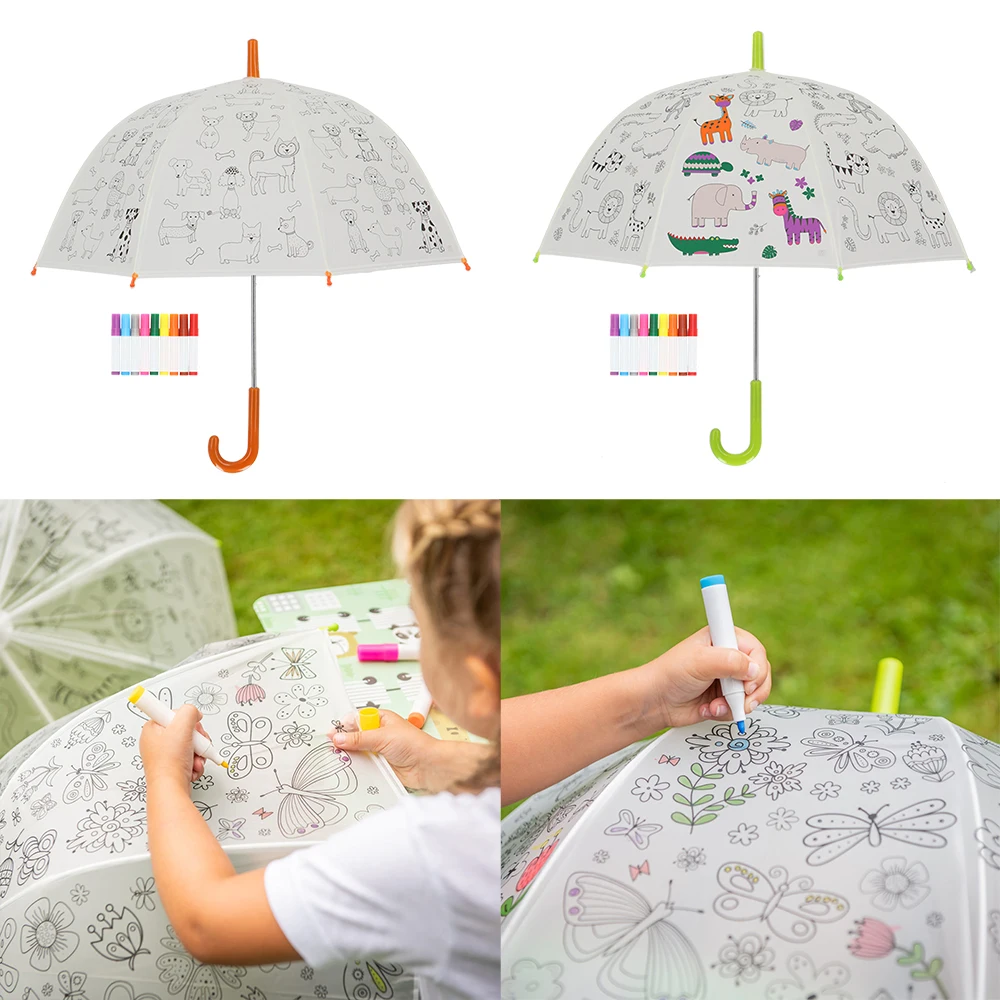 Esschert Design 8K 27.7inch automatically transparent kids drawings Paint it Yourself birds Straight Umbrella
