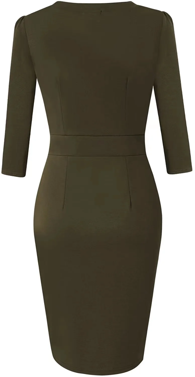 women Vintage V-Neck Empire Waist Knee Length 3/4 Sleeve Work Business office Bodycon Pencil Dress with pocket For Spring Summer