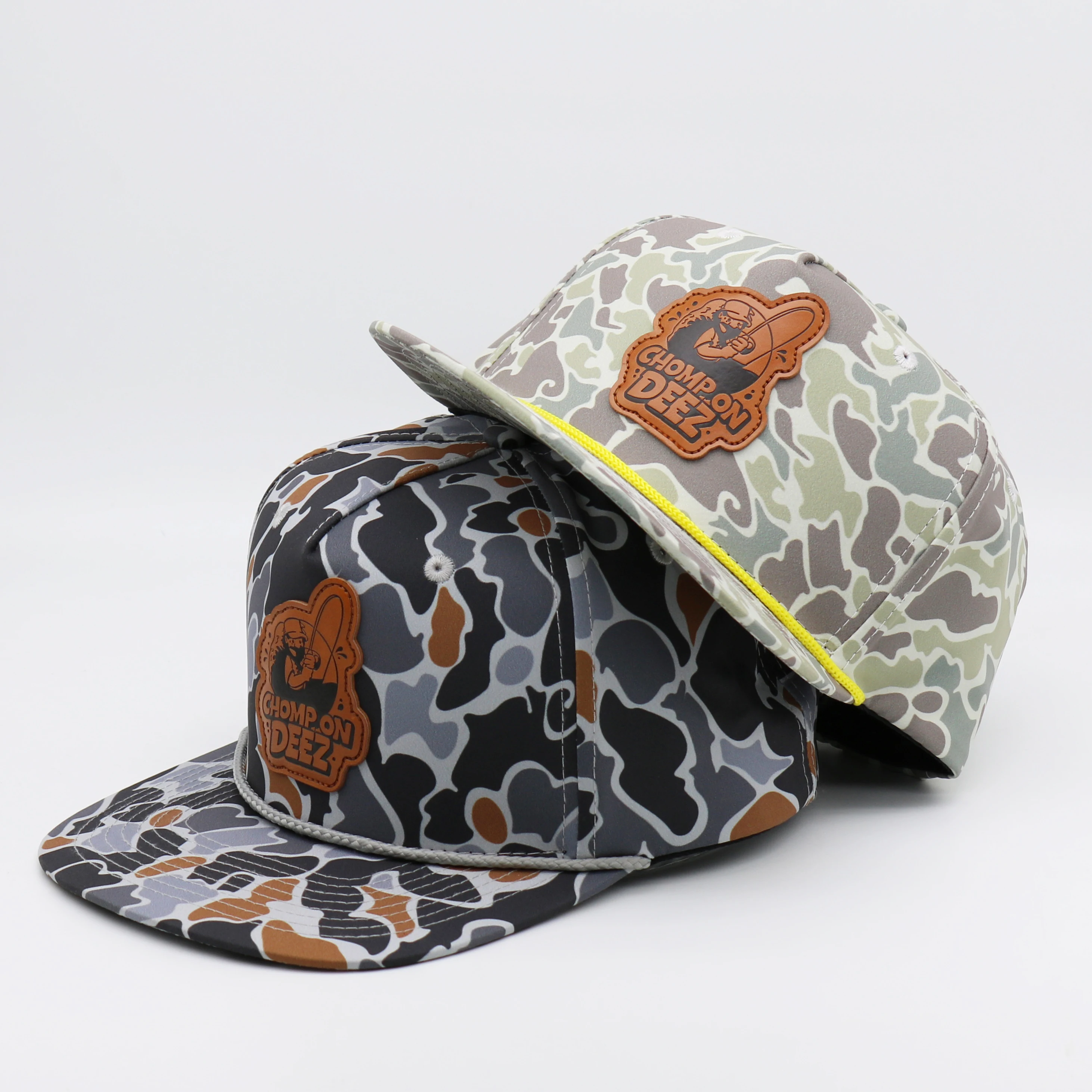 Custom Logo Vintage 5 Panel Rope Waterproof Quick Dry Nylon Camo Hats Flat Bill Brim Snapback Cap Outdoor Fishing Hip Hop Hat