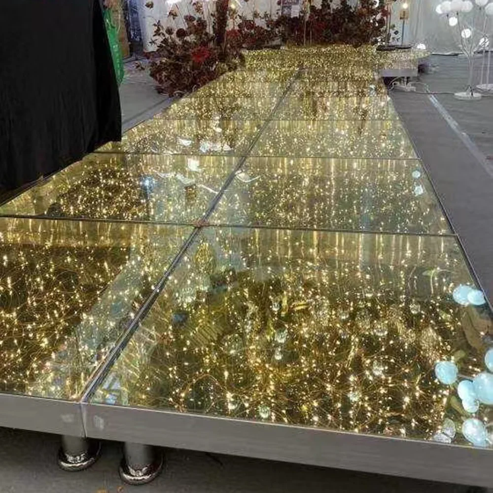 New Hotel Nightclub Disco T-Stage Dj Interactive DMX Mirror Glass Infinity Gold Dance Lighting Starlit Led Floor Dancing