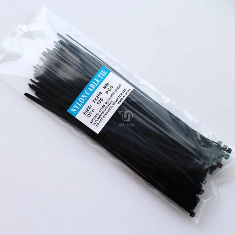 100pcs packing Loop Tie Wire Black Nylon Cable Ties  2.5*200MM