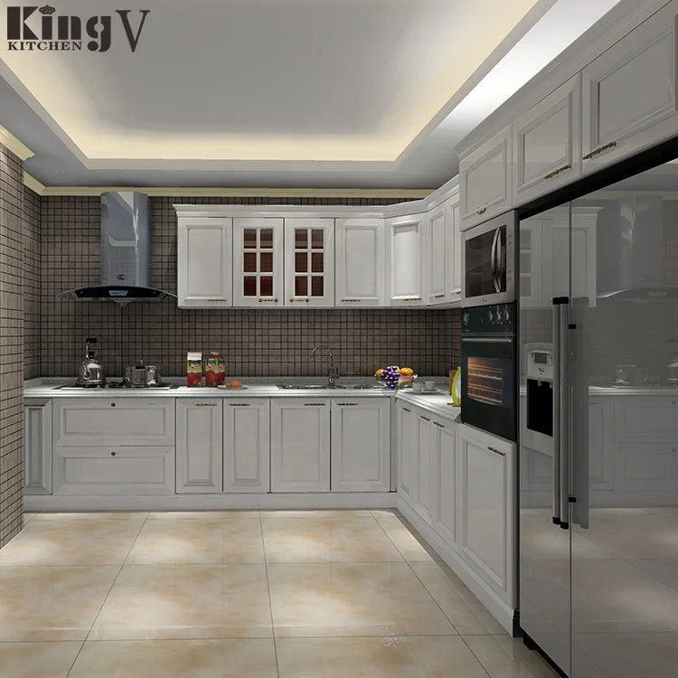 KINGV   classical style white color wooden laminated  kitchen cabinet made in china