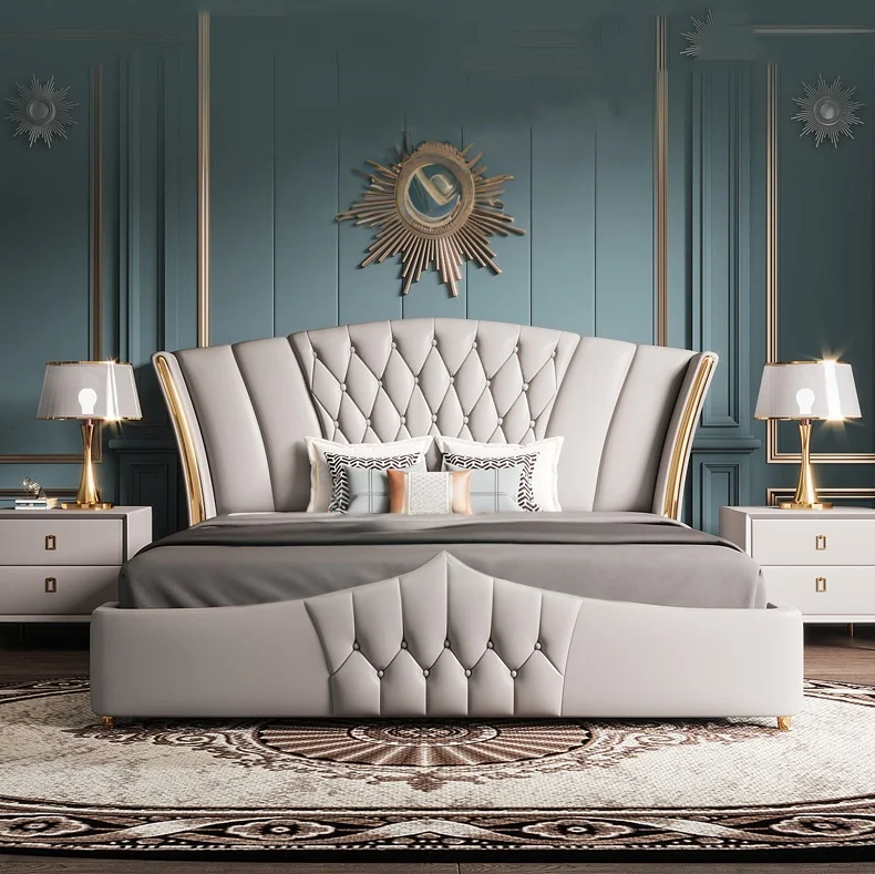 Royal modern Furniture bedroom set blue genuine leather double beds Italian Luxury home furniture king size bed