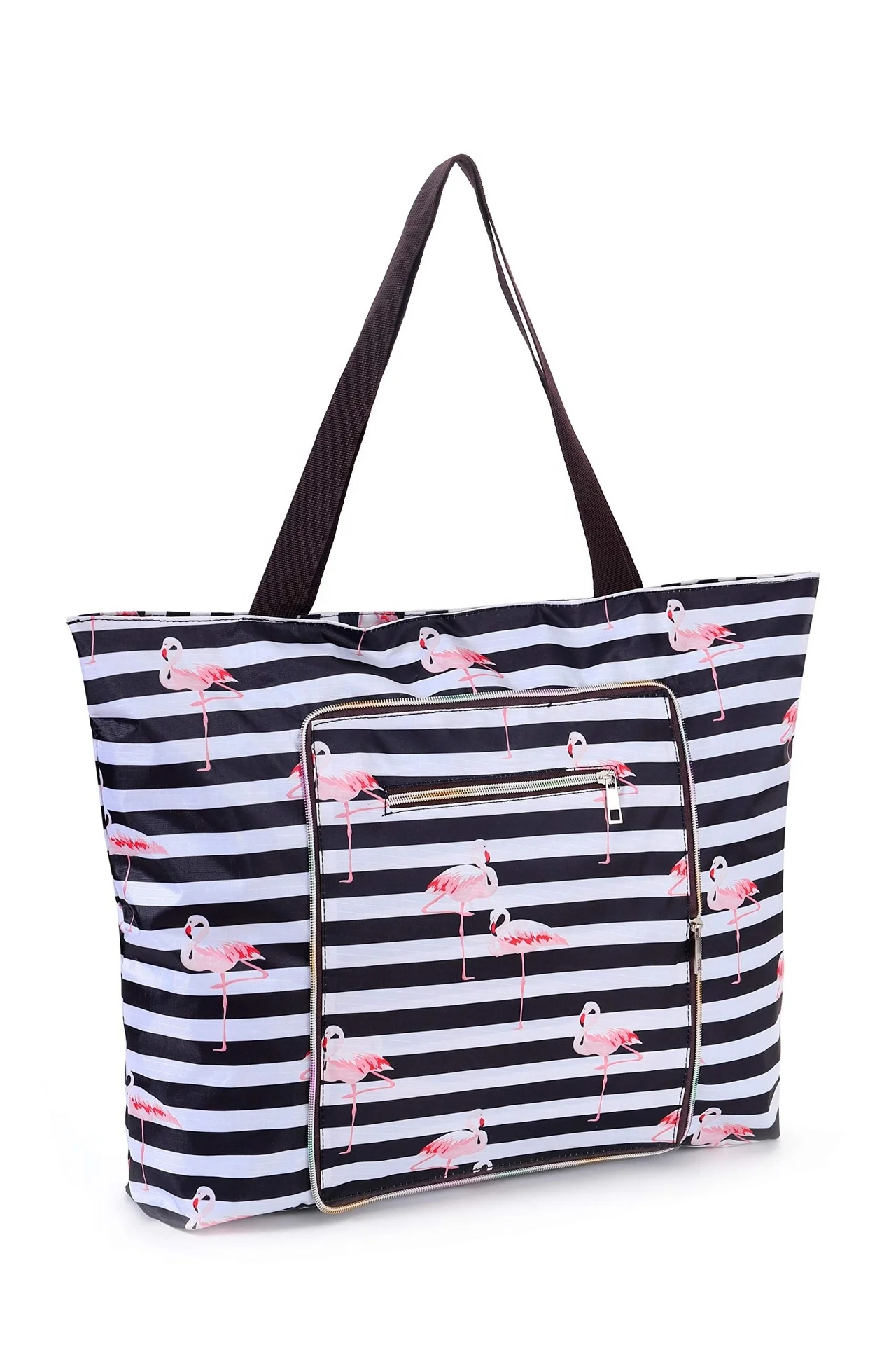 Factory new designer wholesale light weight ladies flamingo printed logo  handbag fold tote beach bag with zip